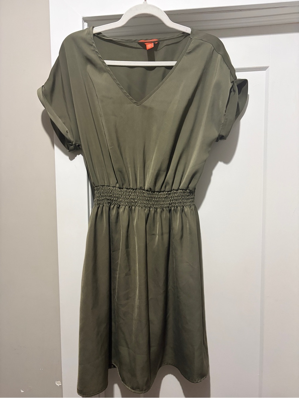 Joe Fresh Olive Green V-Neck Smocked Waist Dress